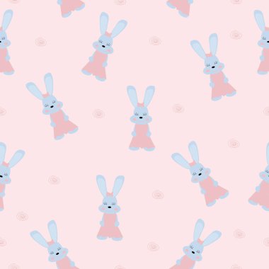 Seamless pattern cute handmade rabbit girl in a dress on a pink background. Background, wallpaper, packaging, textile template