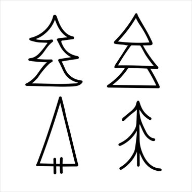Hand drawn set of Christmas trees. Abstract doodle drawing woods
