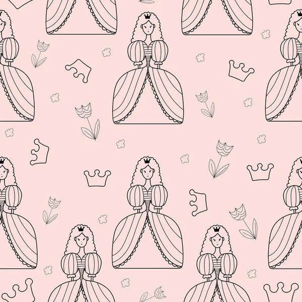 Seamless Pattern Princess Doodle Style Pink Background —  Vetores de Stock