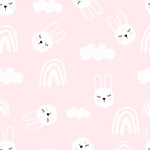 Seamless Pattern Cute Hand Drawn Rabbit Pink Background — Vetor de Stock
