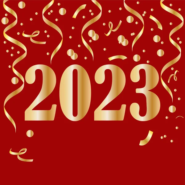 Праздничный Дизайн Золотыми Номерами 2023 Конфетти Серпантин Новогодний Постер Красном — стоковый вектор