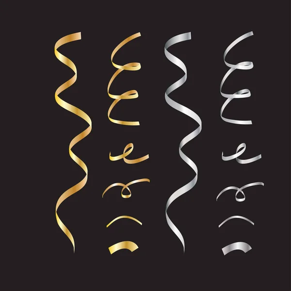 Ensemble Serpentines Confettis Dorés Argentés Isolés Sur Fond Noir — Image vectorielle