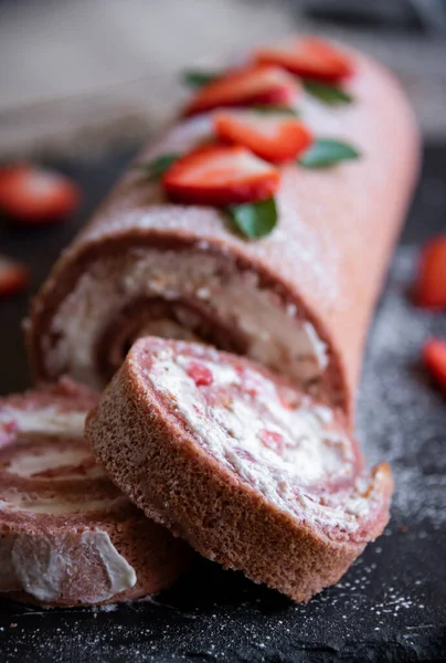 Delicioso Bolo Morango Com Creme Branco Sobremesa Caseira — Fotografia de Stock