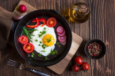 Kızarmış yumurta, domates, soğan ve tavada turpla kahvaltı. 