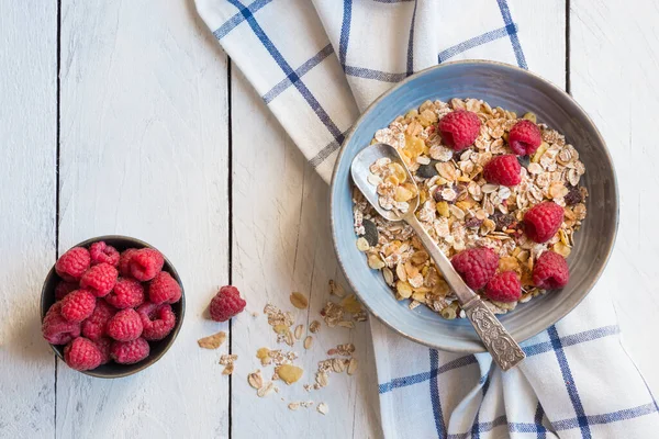 Café Manhã Saudável Com Granola Framboesas — Fotografia de Stock