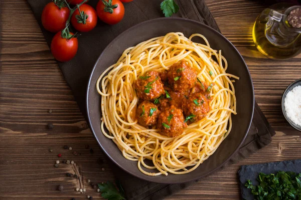 Deliciosa Massa Espaguete Com Almôndegas Molho Tomate — Fotografia de Stock