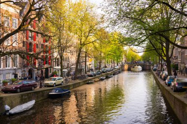 Hollanda 'nın Amsterdam şehrinde kanallı bisikletlerle