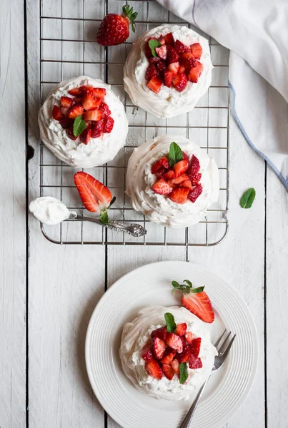 Delicious Strawberry Dessert Cream Berries Wooden Table — Stok fotoğraf