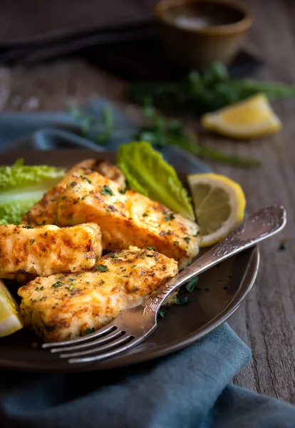 Cooked Fish Fillet Lemon Lettuce — Photo