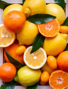 Karışık narenciye, olgun ve yeşil yapraklı taze.