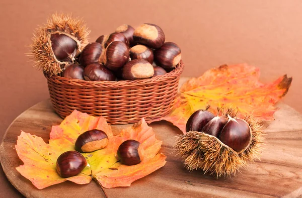 Chestnuts Autumn Basket Wooden Background — Zdjęcie stockowe