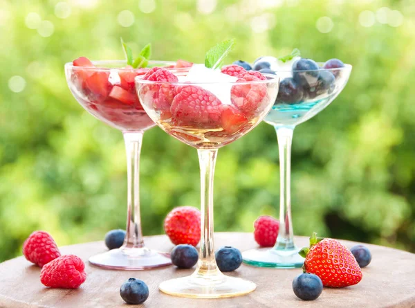 Fresh Summer Berries Glass Bowl Wooden Table — Stok fotoğraf