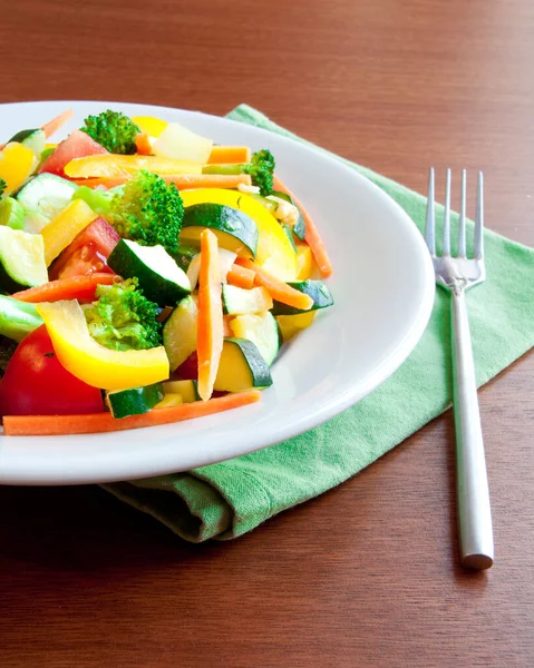Fresh Vegetable Salad Vegetables Spices Wooden Table — Zdjęcie stockowe