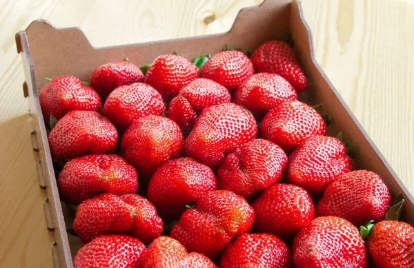 Fresh Strawberries Box Wooden Background — Stock Photo, Image