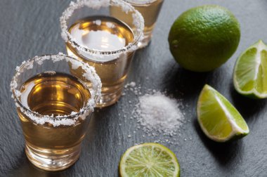Limonlu tekila bardakları ve ahşap arka planda tuz.