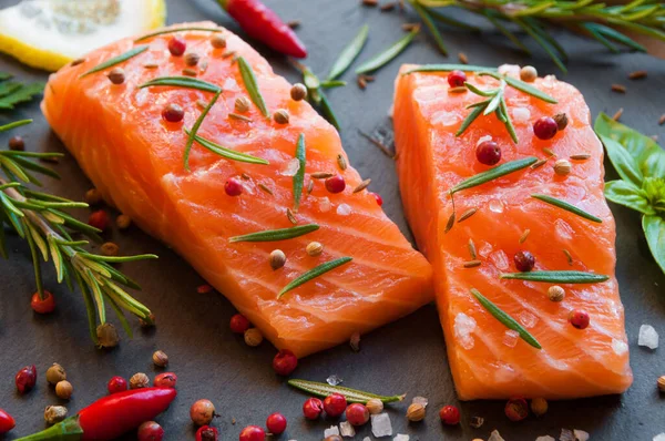 Raw Salmon Fillet Rosemary Spices Black Background — Stock Photo, Image