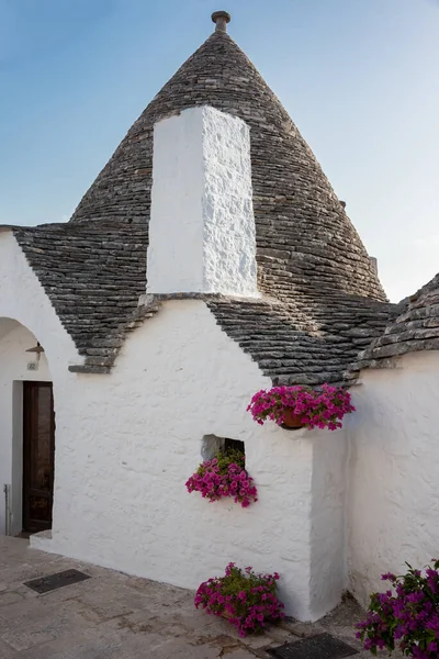 Typowe Domy Trulli Kwiatami Alberobello Apulian Region Włochy — Zdjęcie stockowe