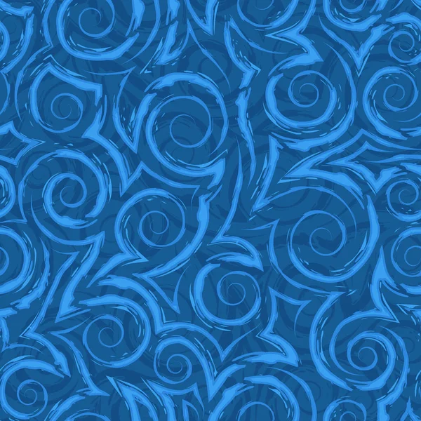 Stock blau nahtlose Vektormuster von Spiralen und Ecken. Blau nahtlose geometrische Vektormuster von Spiralen aus glatten und gebrochenen Streifen auf blauem Hintergrund. Einfache Textur in nautischen Farben. — Stockvektor