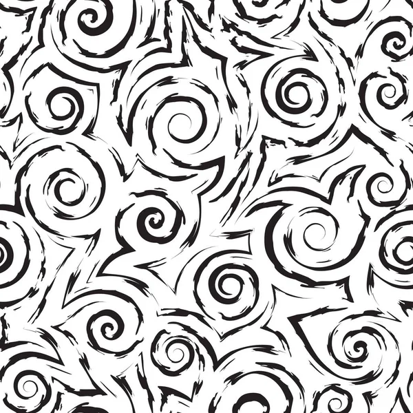 Modèle sans couture monochrome de spirales et d'ondules.Texture sans couture vectorielle de stock de bandes fluides avec des bords déchiquetés et des irrégularités. — Image vectorielle