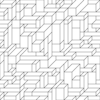 Seamless vector geometric black pattern of cubes and rectangles. Monochrome geometric pattern of lines in the form of cubes and rectangles