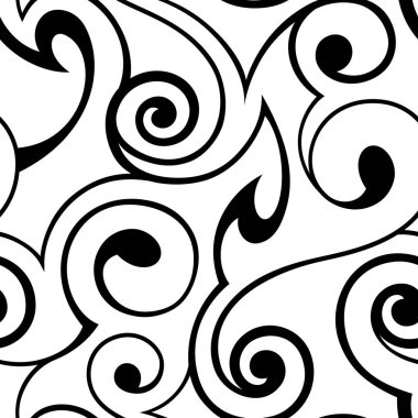 Abstract seamless vector black and white spiral and swirl pattern. Seamless vector texture of black abstract shapes and smooth stripes
