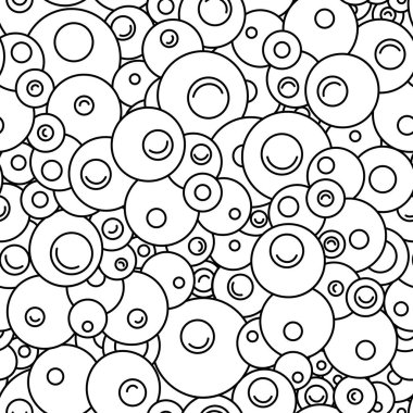 Seamless black and white vector pattern of circles and arcs. Geometric pattern dense bubbles in linear style monochrome texture