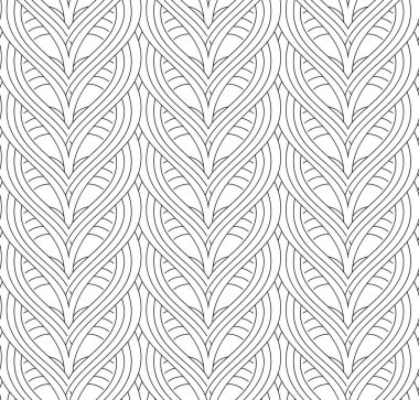 Birbirine geçmiş kalplerin kusursuz doğrusal vektör deseni. Doğrusal biçimde pürüzsüz siyah beyaz desen