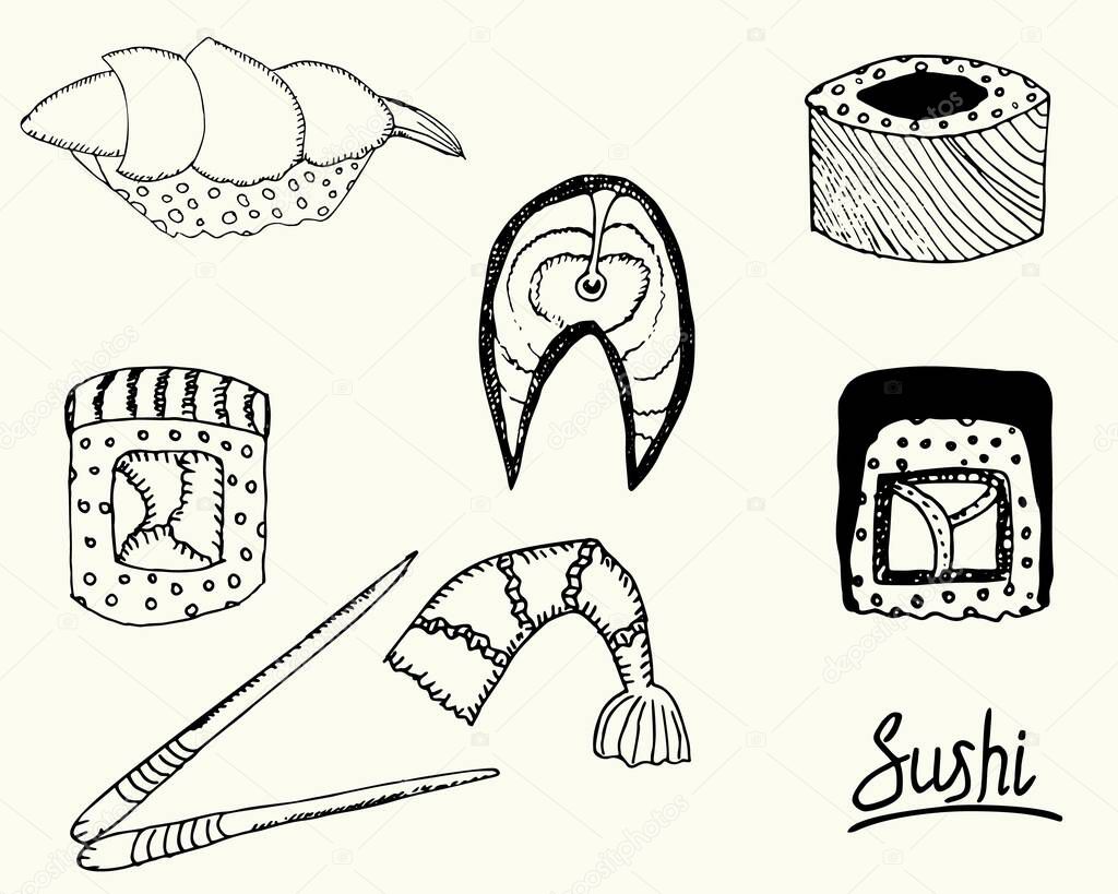 Set, sushi maki, Japanese cuisine. Roll, hand-drawn on white background eps 10