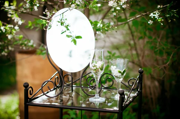 Tavolo, specchio e bicchieri nel cespuglio — Foto Stock