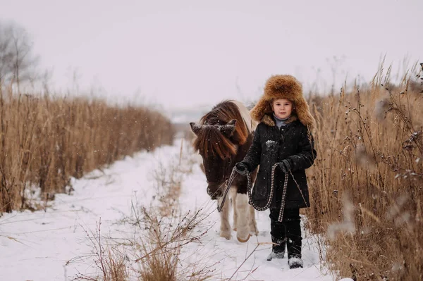 Large Portrait Girl Fur Hat Red White Pony — Stock Photo, Image