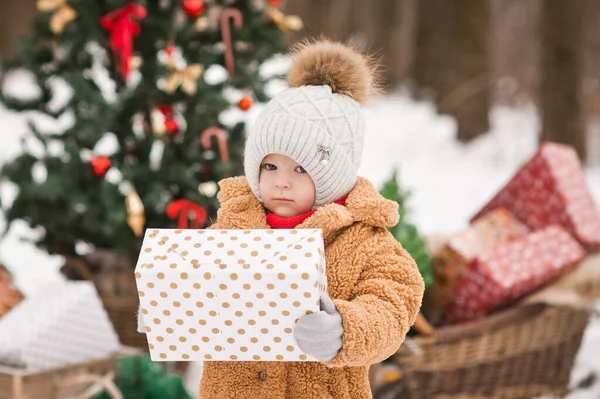 Kışın Yeni Yıl Orman Ağacı 'nda hediye almış bir kız..