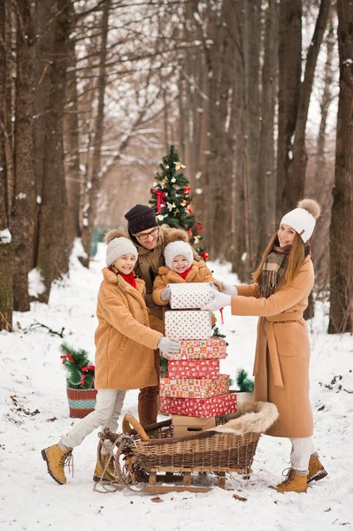 Karlı bir ormanda Yeni Yıl Aile fotoğrafı.
