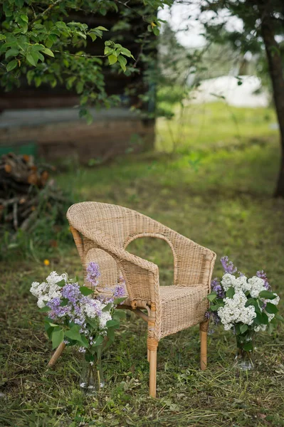 Une Chaise Dans Jardin Parmi Les Fleurs Les Arbres — Photo