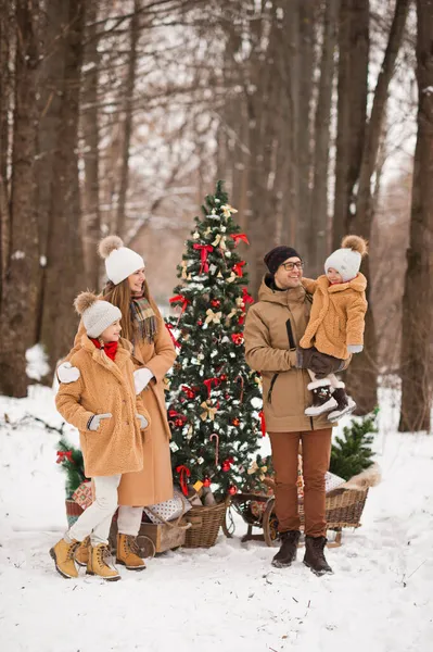 Familienweihnachtsfoto Mit Geschmücktem Weihnachtsbaum Der Natur — Stockfoto