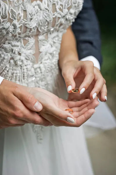 Beautiful Hands Newlyweds Embrace Each Other Holding Wedding Rings — Stock Photo, Image