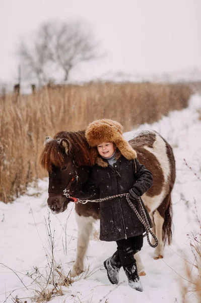 Wandeling Langs Besneeuwde Paden Winter Tussen Het Riet Van Pony — Stockfoto