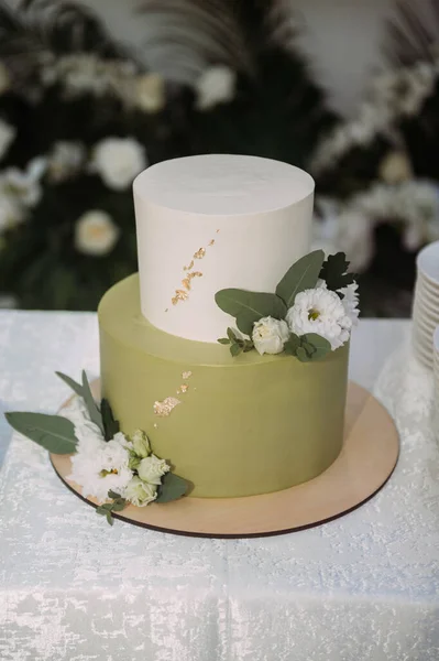 Cake Two Tiers Greenish Color Decor — Stock Photo, Image