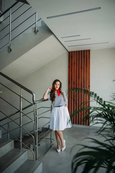 Perky Girl Striped Shirt Red Tie — Stock Photo, Image