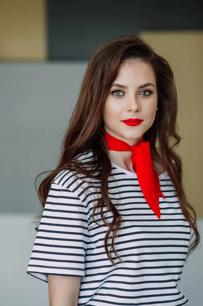 Large Portrait Beautiful Girl Striped Blouse Red Scarf Her Neck — Stock Photo, Image