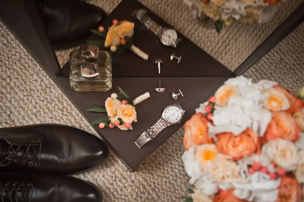 Bouquet Shoes Watches Other Elements Wardrobe Wedding — Stock Photo, Image