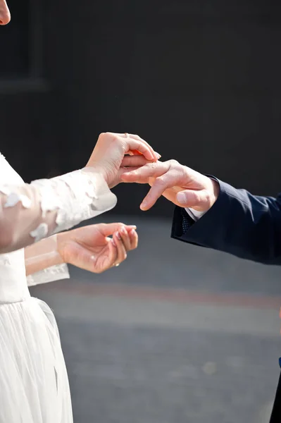 Braut Und Bräutigam Stecken Sich Eheringe Den Finger — Stockfoto