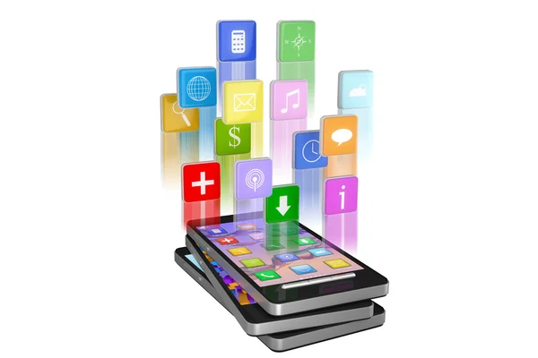 Smartphone with cloud of application icons in move isolated — Stock Photo, Image