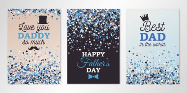 Babalar Günü pankartları konfeti ve logoyla hazırlandı. Davetiye kartları, broşür tasarımı, sertifikalar için vektör el ilanı tasarımı şablonları. Hepsi katmanlı ve izole.