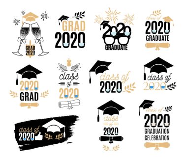 2020 'de yüz maskesi takarak mezun ol. Gömlek, baskı, mühür, kaplama, pul, tebrik kartı, davetiye. Vektör işareti ya da logo. Hepsi izole ve katmanlı.