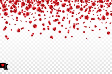 Şeffaf arka planda uçuşan parlak kırmızı şeker konfetileri ve kalple rozet. Şenlikli vektör yatay sınırda. Katmanlı