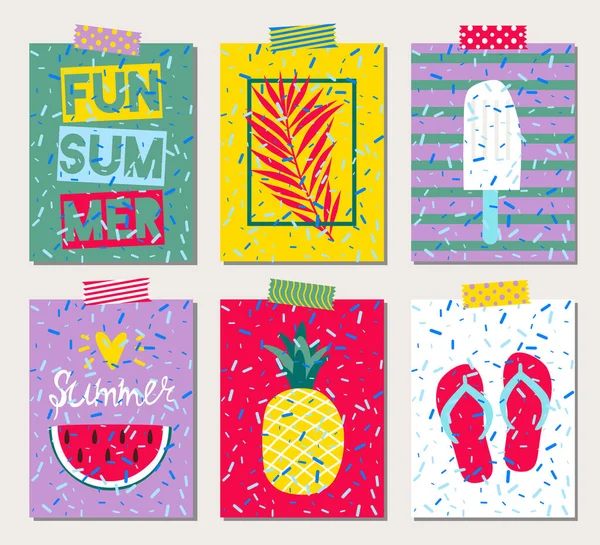 Zestaw Sześciu Wektorowych Jasnych Kart Letnich Kolorowe Plakaty Letnie Ananasem — Wektor stockowy