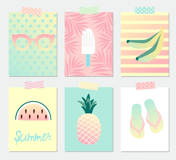 Zestaw Jasnych Letnich Kartek Okolicznościowych Ananasem Arbuzem Lodami Sandałami Plażowymi — Wektor stockowy