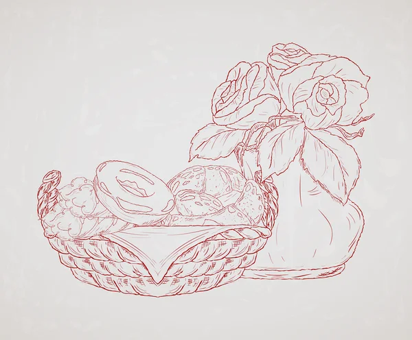 ペストリーや花瓶に花束のバスケット. — ストックベクタ