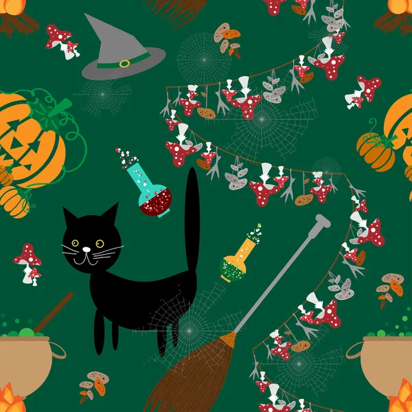 Seamless halloween with the cat potion and toadstool. Vector Graphics