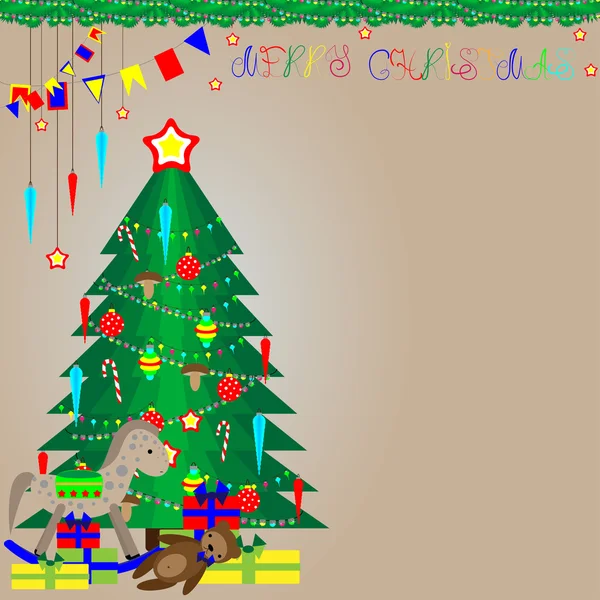 Kerstboom met giften en slingers. — Stockvector